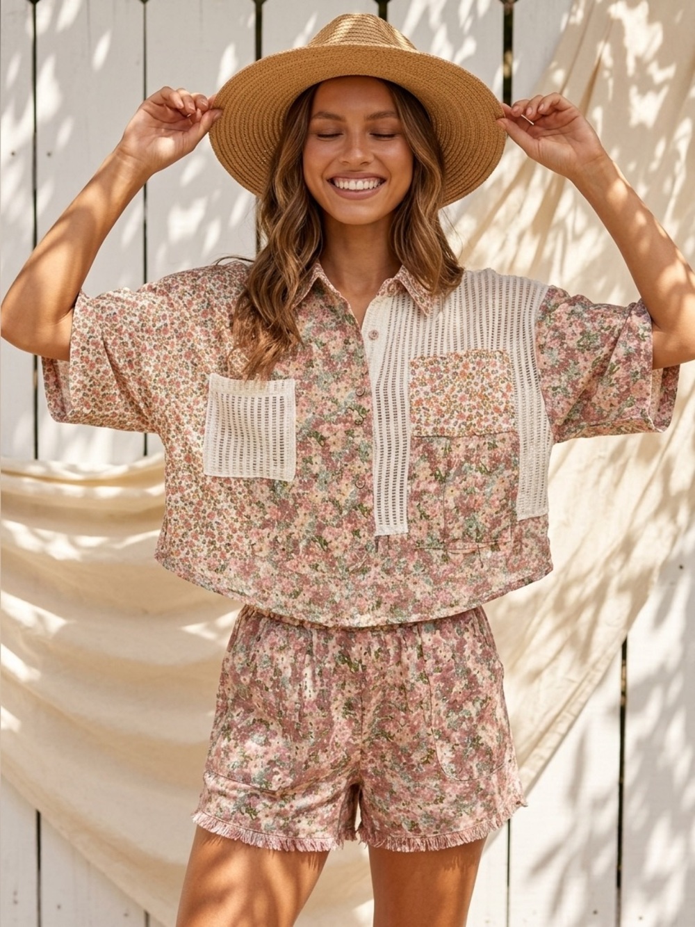 POL Eyelet Flower Pearl Detail Lace Patchwork boho-shabby-chic  cottagecore top